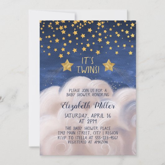 Twins Gold Shoot Stars Baby shower Invitation (Devant)