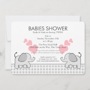 Twins Gray Pink Gingham Baby shower Kaart