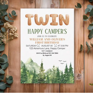 Twins Happy Campers Hout Groen Bos 1e verjaardag Kaart