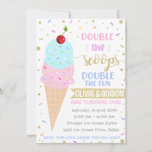 Twins Ice Cream Invitation, Twins Birthday Kaart (Voorkant)