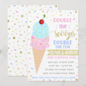 Twins Ice Cream Invitation, Twins Birthday Kaart (Voorkant / Achterkant)