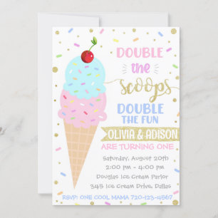 Twins Ice Cream Invitation, Twins Birthday Kaart