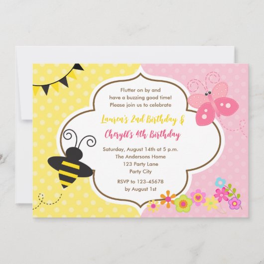 Twins Invitations Anniversaire Bee Butterfly Garde (Devant)