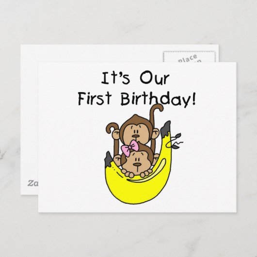 Twins - Jongen en Meisje Aap 1e Verjaardag Briefkaart (Voorkant / Achterkant)