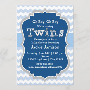 TWINS jongens Blue Chevron Baby shower Uitnodiging