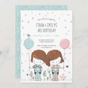 Twins Kids Birthday Invitation whimsical Kaart