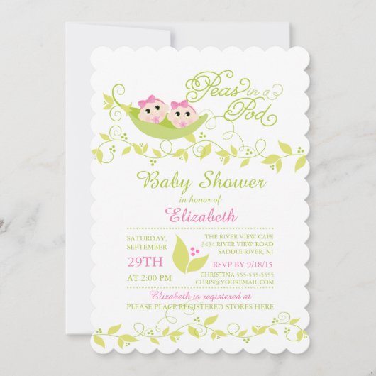 Twins Little Peas Girls Baby shower Invitation (Devant)