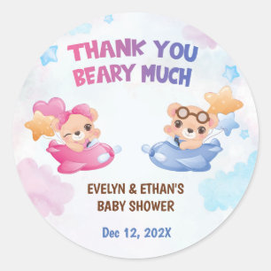 Twins Meisje Jongen Beer Vliegtuig Baby shower Ronde Sticker