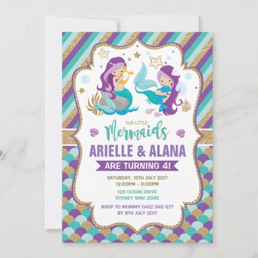 Twins Mermaid Anniversaire Invitation Filles Pool (Devant)
