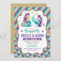 Twins Mermaid Anniversaire Invitation Filles Pool 