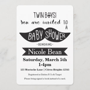 TWINS Mustache Baby shower Black White Invitations Kaart