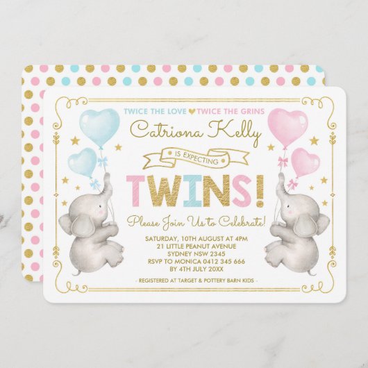 TWINS Olifant Baby shower Blauw Roze Goud Invite Kaart (Voorkant / Achterkant)