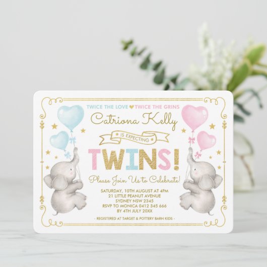 TWINS Olifant Baby shower Blauw Roze Goud Invite Kaart (Staand voorkant)