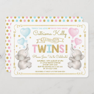 TWINS Olifant Baby shower Blauw Roze Goud Invite Kaart