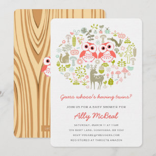 Twins Owl Baby shower nodigt meisjes roze uit Kaart