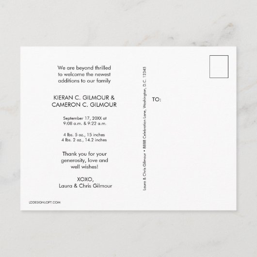 Twins Photo Collage faire-part de naissance bébé (Dos)