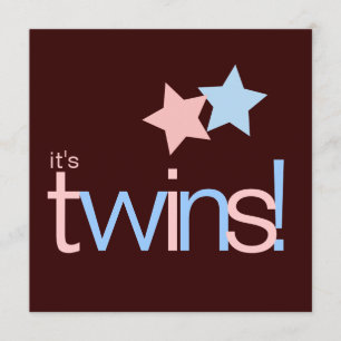 Twins Pink Blue Brown Baby shower Kaart