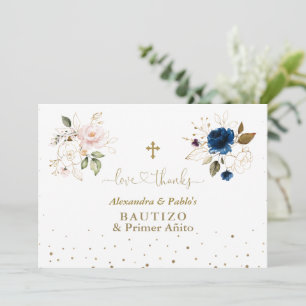 Twins Pink Blue Flowers Primer Añito Y Bautizo Bedankkaart