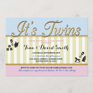 Twins Pink Blue Gold Boy Girl Baby shower nodigt u Kaart