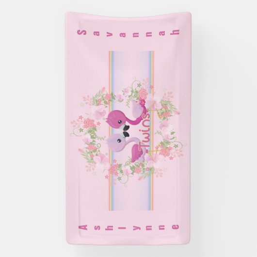 Twins Pink Flamingo Baby shower gepersonaliseerd Spandoek (Verticaal)