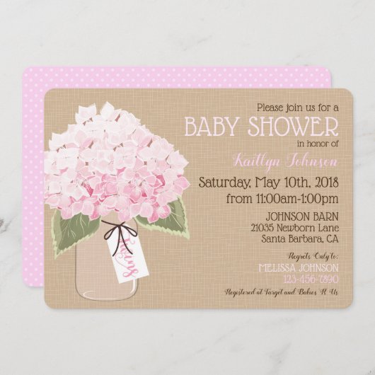 Twins Pink Hydrangea Mason Jar Rustic Baby shower Kaart (Voorkant / Achterkant)