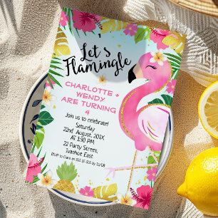 Twins Pink Let's Flamingo Verjaardag Kaart