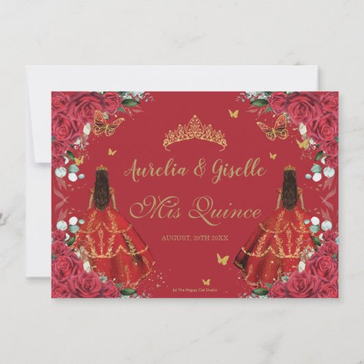 Twins Quinceañera Prinsessen Rode Rozen Bloemrijk Save The Date (Achterkant)