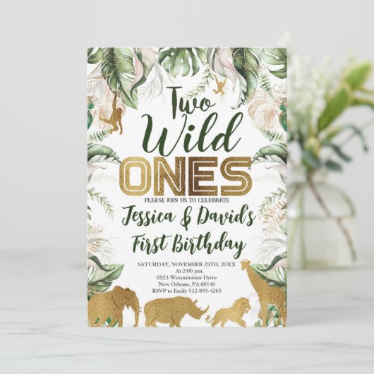 Twins Safari Verjaardag, Oerwoud WILD Ones Dieren Kaart (Staand voorkant)