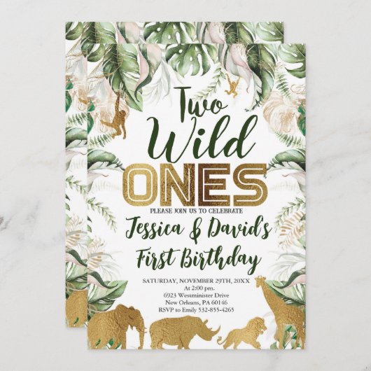 Twins Safari Verjaardag, Oerwoud WILD Ones Dieren Kaart (Voorkant / Achterkant)