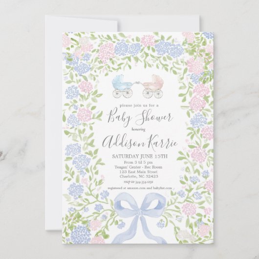 Twins shower, baby carriage shower invitation (Devant)