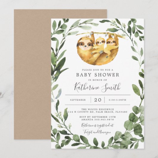 Twins Sloth Baby shower Invitation Kaart (Voorkant / Achterkant)