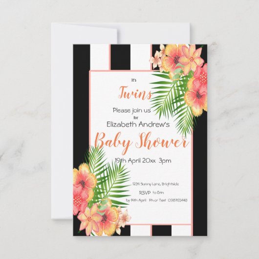 Twins Striped Floral Baby shower Invitation Kaart (Voorkant)