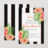 Twins Striped Floral Baby shower Invitation Kaart (Voorkant / Achterkant)