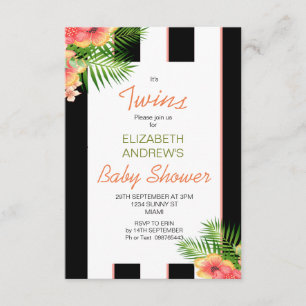Twins Striped Tropical Coral Baby shower Kaart