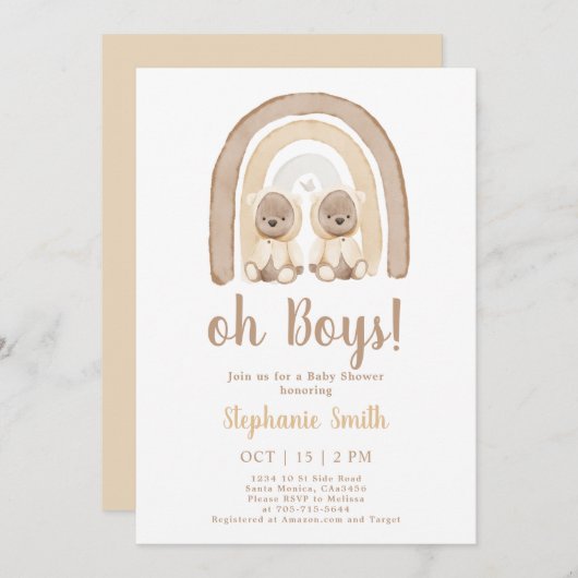 Twins Teddy bear Rainbow Baby shower Invitation (Devant / Derrière)