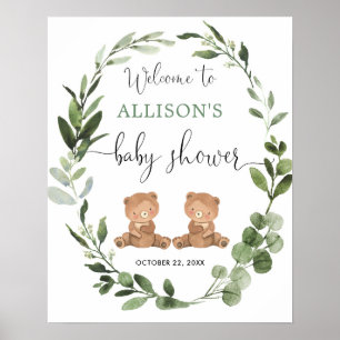 Twins teddybeer baby shower welkomstbord poster