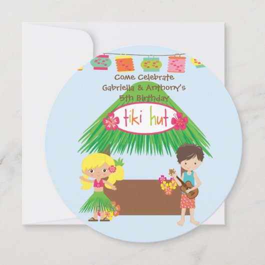 Twins Tiki Hut Round Luau Invitation Anniversaire (Devant)