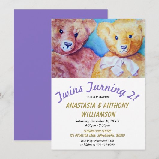 TWINS TURNING 2 met TEDDY BEARS FEESTUITNODIGING Kaart (Voorkant / Achterkant)