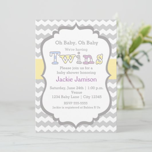 TWINS Unisex Chevron Baby shower uitnodiging (Staand voorkant)