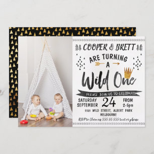 Twins Wild One Photo 1st Birthday Invitation Kaart