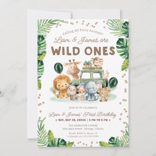 Twins Wild Ones 1st Birthday Invitation Safari  Kaart (Voorkant)