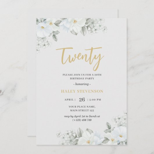 Twintig Wit & Goud Elegant Wit Bloemen Verjaardag Kaart (Voorkant / Achterkant)