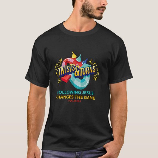 Twists and Jesus Turns verandert het spel VBS Bijb T-shirt (Voorkant)