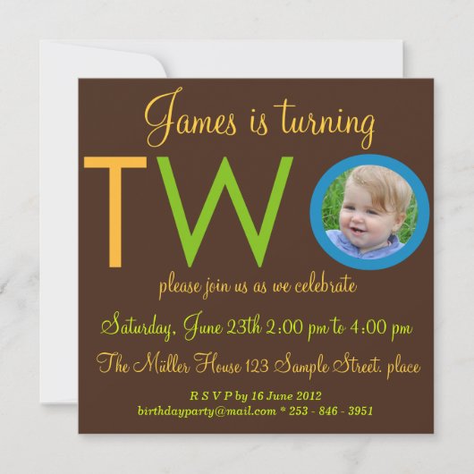 "TWO" Boy Second Birthday Party Photo Invitations Kaart (Voorkant)