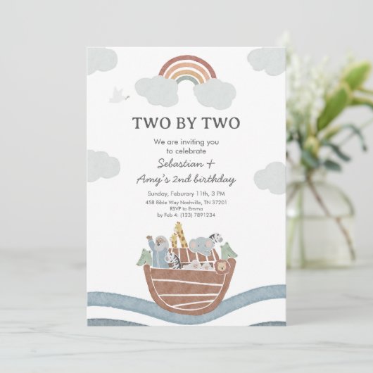 Two by Two Noahs Ark Twin Birthday Kaart (Staand voorkant)