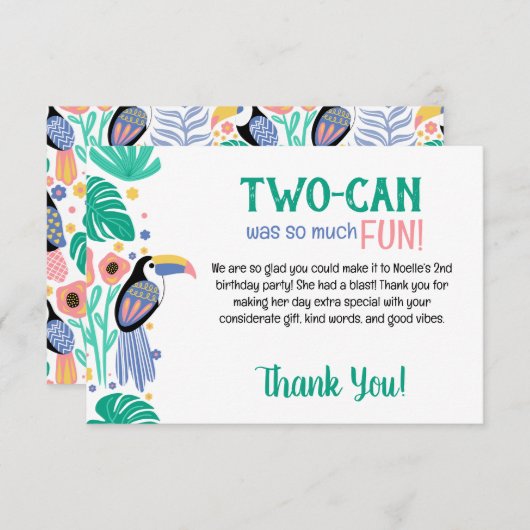 TWO-CAN (Toucan) 2e verjaardag Bedankkaart (Voorkant / Achterkant)