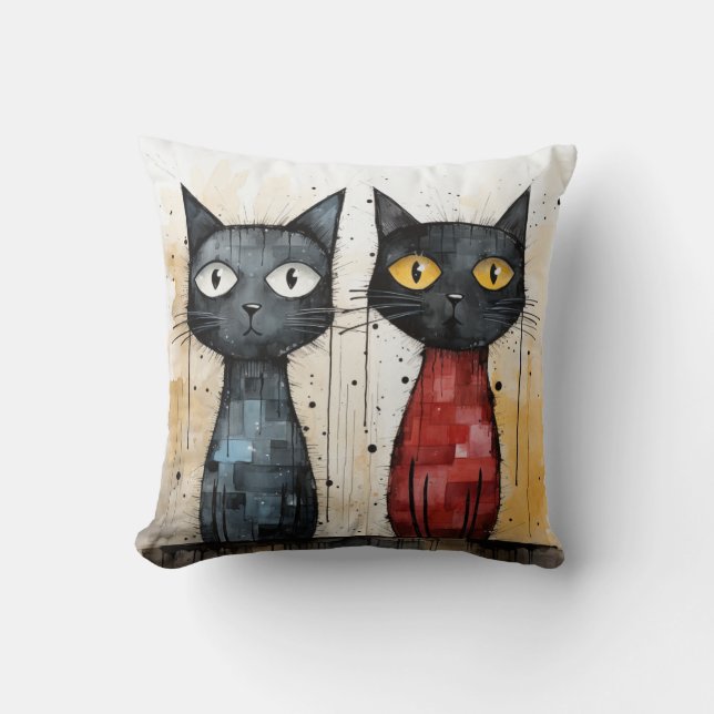 Two Cats - Blauw & Rood Sierkussen (Voorkant)