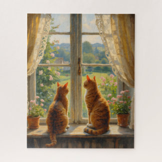 Two Cats sitting in a bay window seat  Legpuzzel