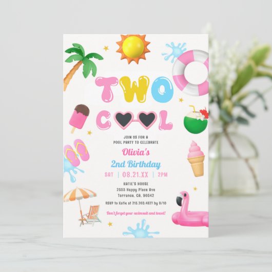Two Cool Summer Pool Party Meisje 2de Verjaardag Kaart (Staand voorkant)