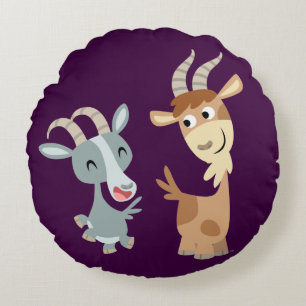 Two Cute Happy Cartoon Goats Round Pillow Rond Kussen